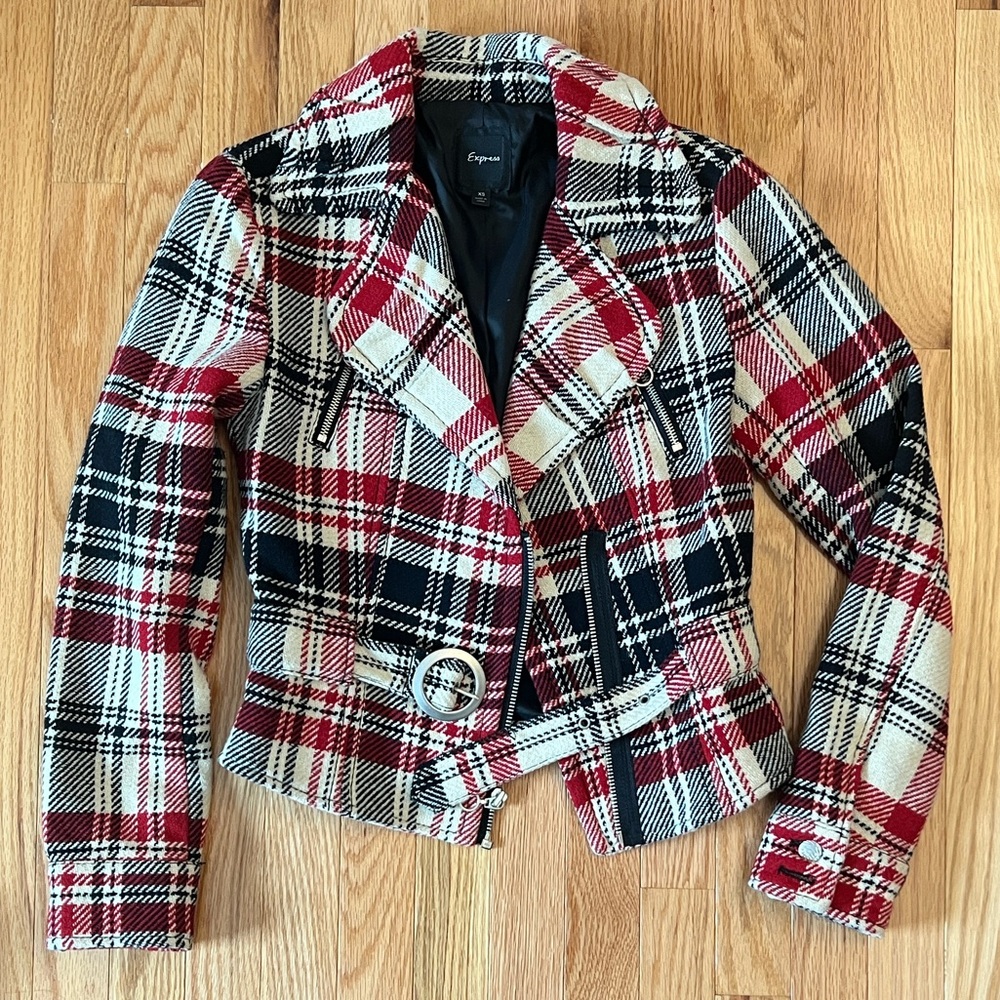 Vintage Plaid Wool Blend Moto Jacket
